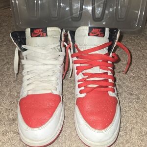 Nike Air Jordan 1 Mid Top, Red and White Sneakers, Size 7Y